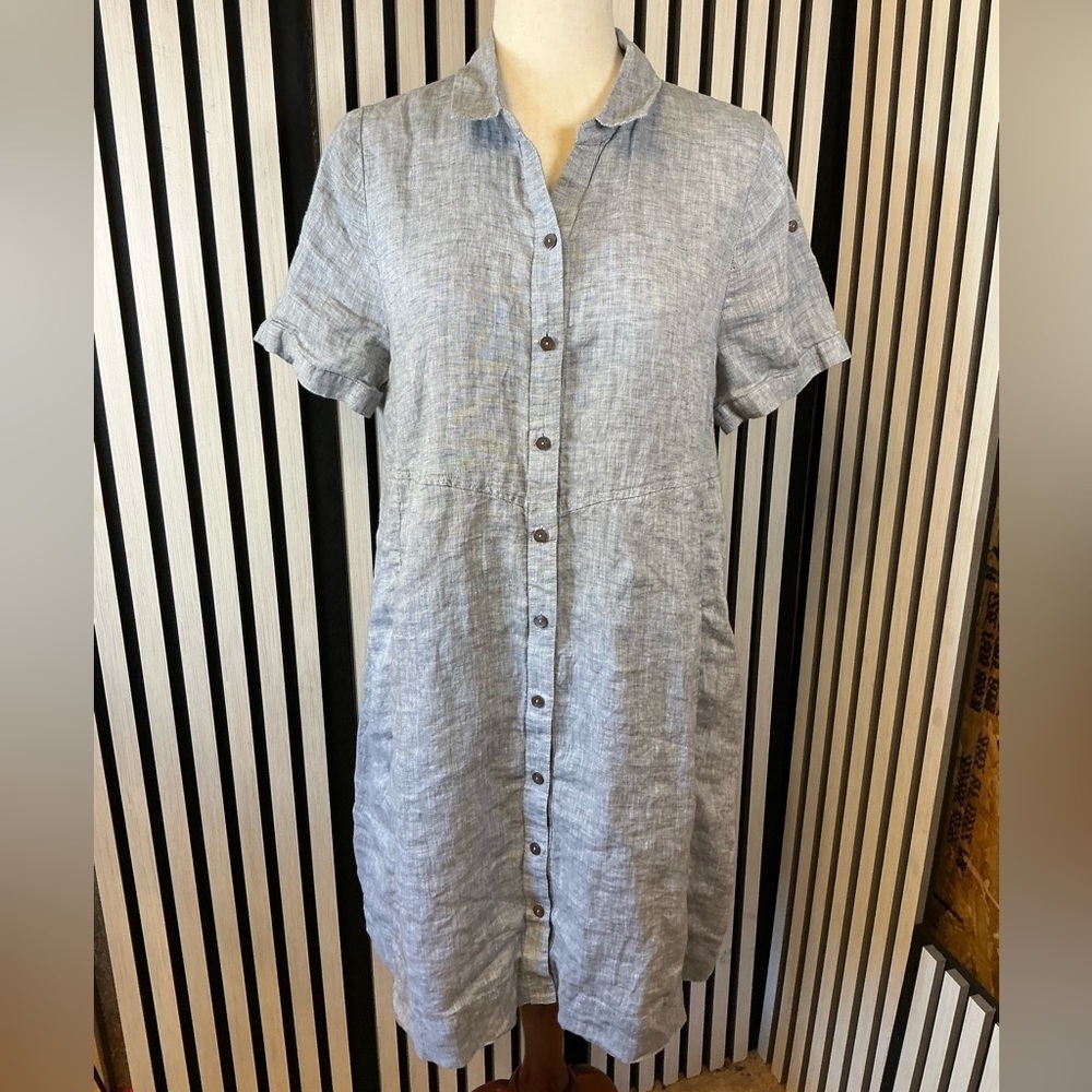 NIC+ZOE Light Gray 100% Linen Button-Up Mini Dress